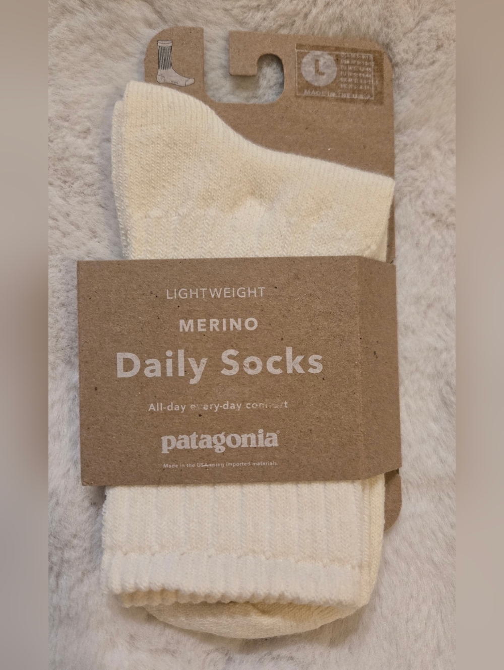 Patagonia Lightweight Merino Wool Crew Daily Socks Large Birch White New 50140